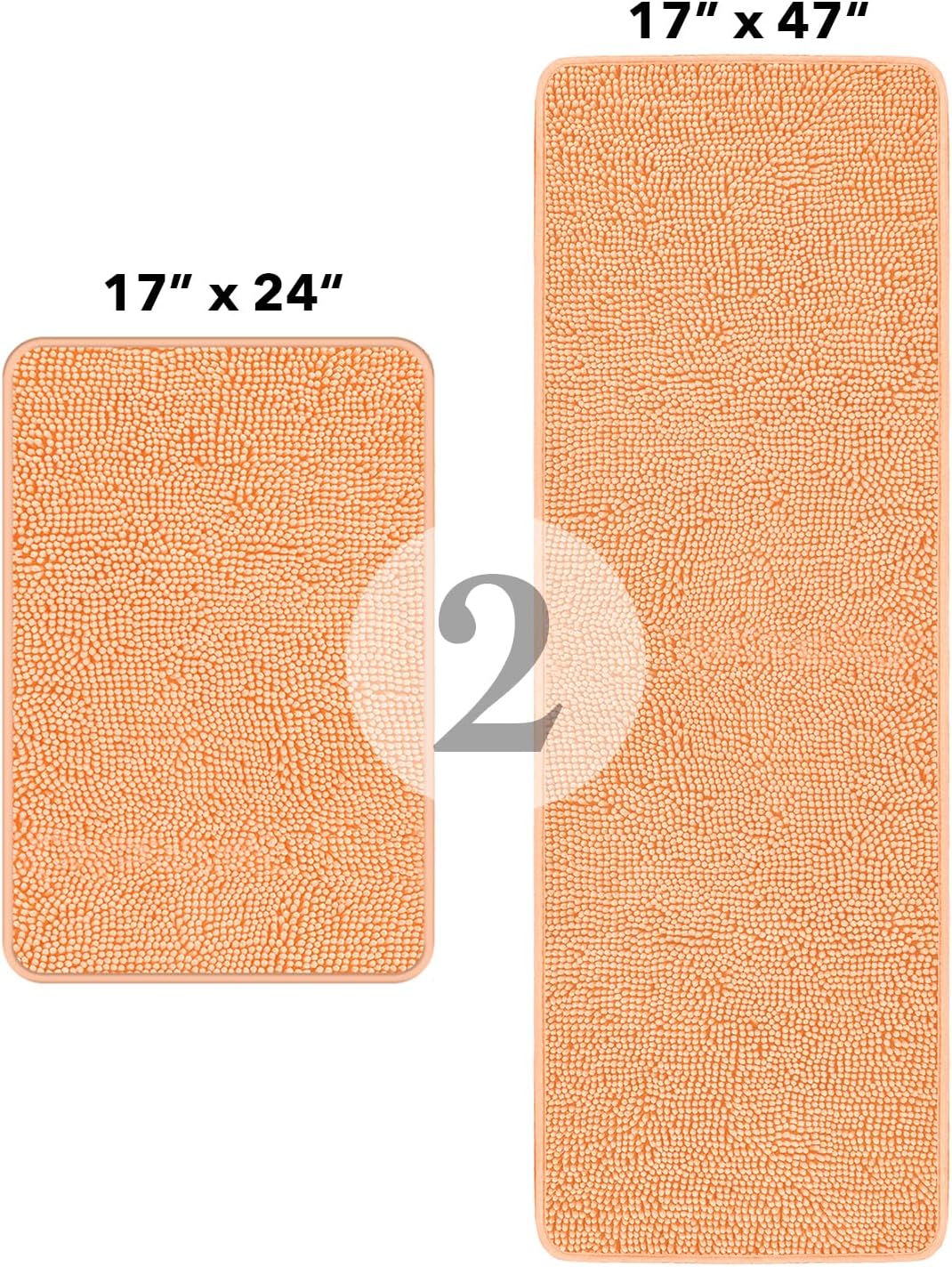 Bathroom Rugs Sets 2 Piece,Thick Chenille Bath Mats,Absorbent and Washable Bath Rug Non-Slip, Extra Soft Rugs for Bathroom Floor,Tub,Shower and Sink(17"x24" and 17"x47",Peach)