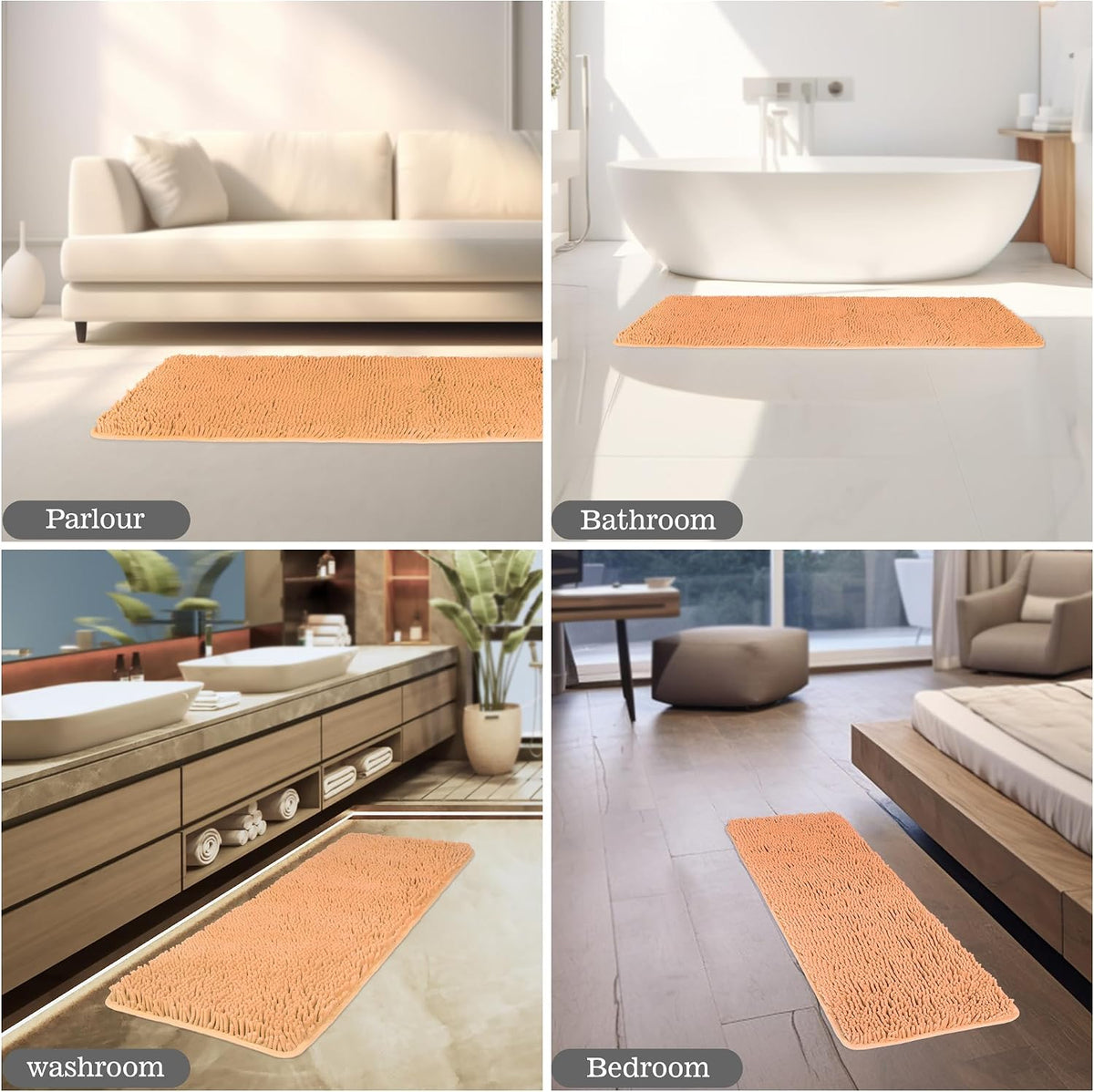 Bathroom Rugs Sets 2 Piece,Thick Chenille Bath Mats,Absorbent and Washable Bath Rug Non-Slip, Extra Soft Rugs for Bathroom Floor,Tub,Shower and Sink(17"x24" and 17"x47",Peach)
