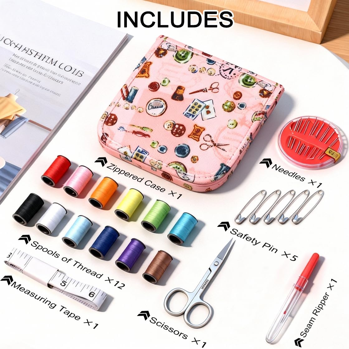 Sewing Kit for Adults, 12 Spools Thread, Portable Travel Mini Sewing Kit with Scissors, Needles, Threader, Measuring Tape - for Beginners, Emergency Repair, Home & Travel Use
