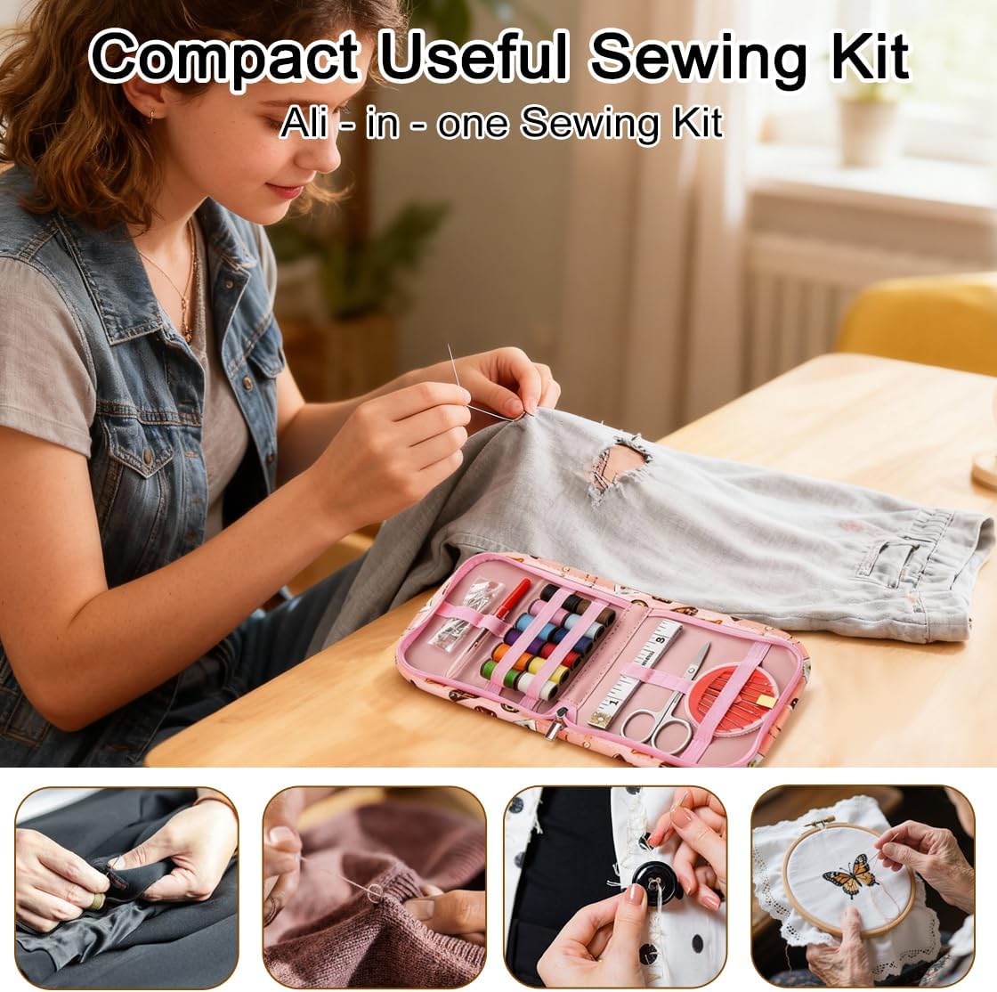 Sewing Kit for Adults, 12 Spools Thread, Portable Travel Mini Sewing Kit with Scissors, Needles, Threader, Measuring Tape - for Beginners, Emergency Repair, Home & Travel Use