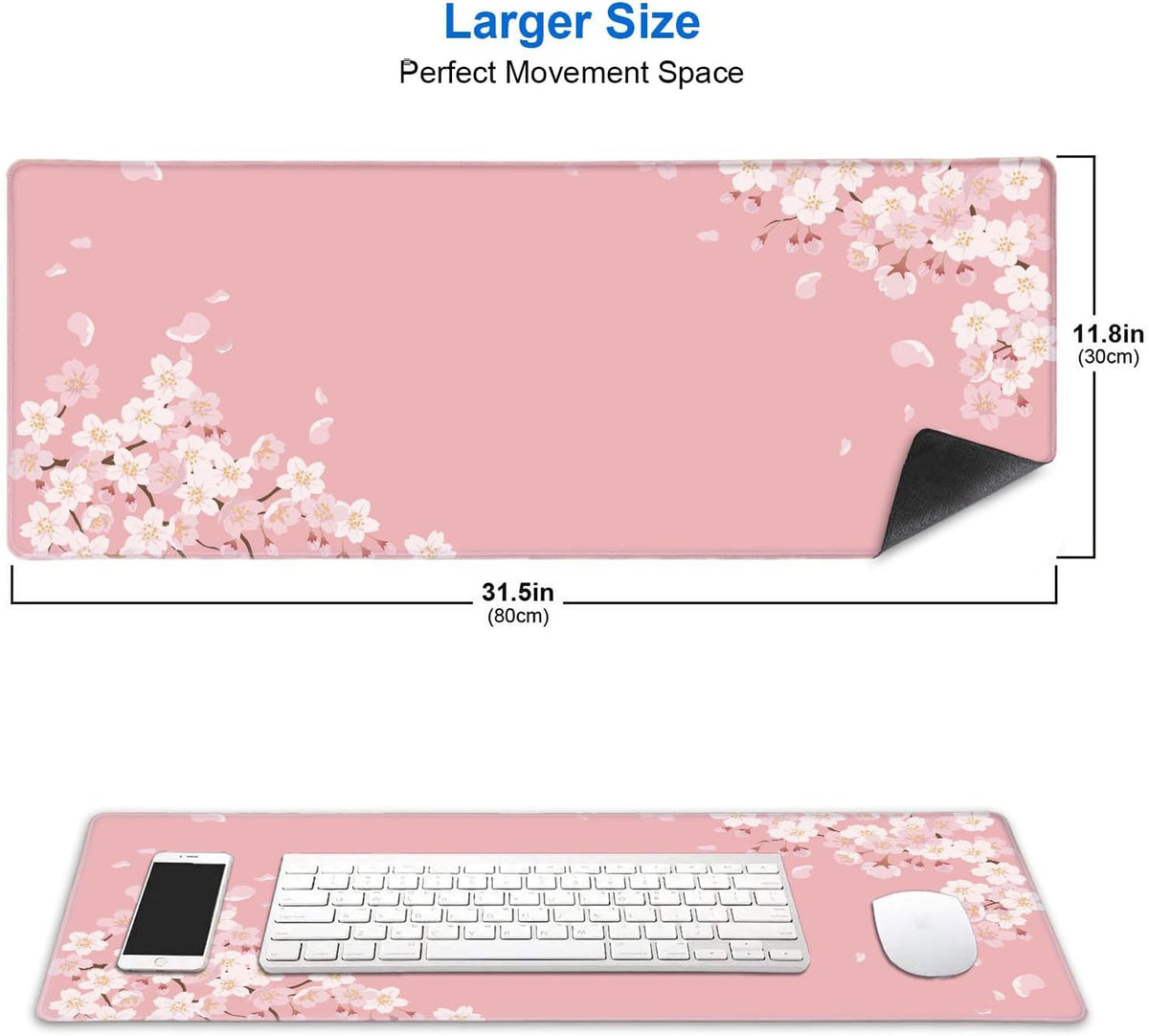 Pink Japanese Desk Mat, Cherry Blossom Large Gaming Mouse Pad, Non-Slip Rubber Base Mousepad for Women, Desk Pad for Work, Game, Office, 31.5x11.8 Inch- Sakura Flowers Aesthetic