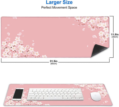 Pink Japanese Desk Mat, Cherry Blossom Large Gaming Mouse Pad, Non-Slip Rubber Base Mousepad for Women, Desk Pad for Work, Game, Office, 31.5x11.8 Inch- Sakura Flowers Aesthetic