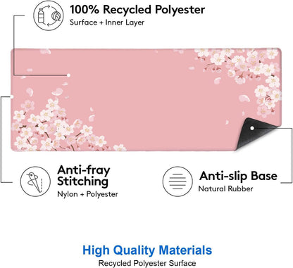 Pink Japanese Desk Mat, Cherry Blossom Large Gaming Mouse Pad, Non-Slip Rubber Base Mousepad for Women, Desk Pad for Work, Game, Office, 31.5x11.8 Inch- Sakura Flowers Aesthetic