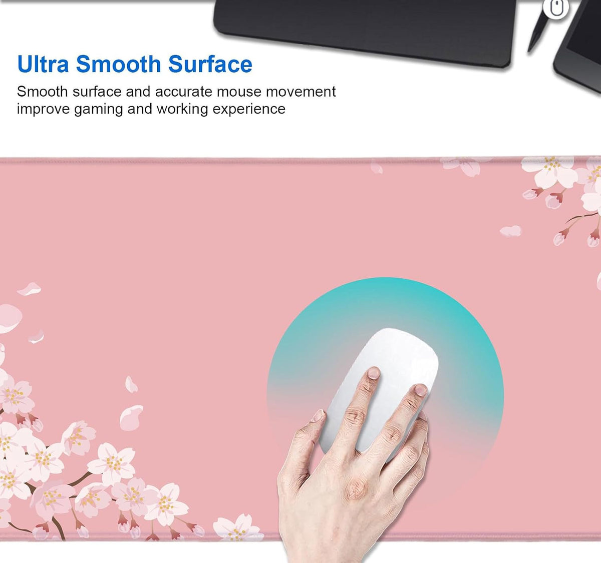 Pink Japanese Desk Mat, Cherry Blossom Large Gaming Mouse Pad, Non-Slip Rubber Base Mousepad for Women, Desk Pad for Work, Game, Office, 31.5x11.8 Inch- Sakura Flowers Aesthetic