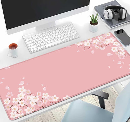 Pink Japanese Desk Mat, Cherry Blossom Large Gaming Mouse Pad, Non-Slip Rubber Base Mousepad for Women, Desk Pad for Work, Game, Office, 31.5x11.8 Inch- Sakura Flowers Aesthetic