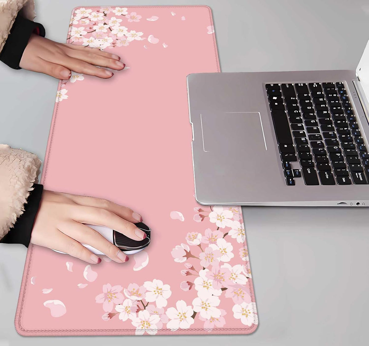 Pink Japanese Desk Mat, Cherry Blossom Large Gaming Mouse Pad, Non-Slip Rubber Base Mousepad for Women, Desk Pad for Work, Game, Office, 31.5x11.8 Inch- Sakura Flowers Aesthetic
