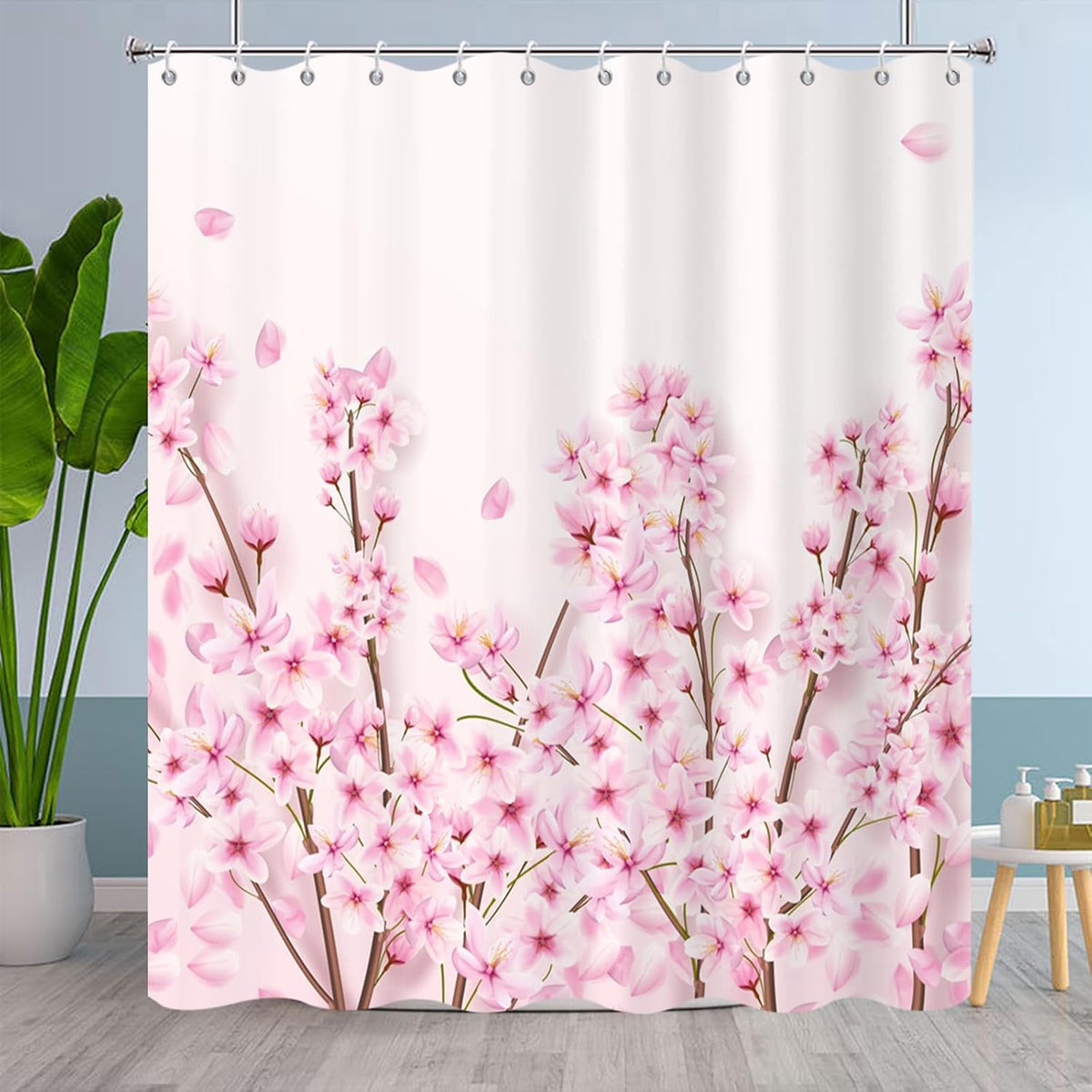 Spring Flowers Shower Curtains Pink Cherry Blossom Shower Curtain Set Japanese Sakura Floral Decorative Bath Curtain for Bathroom Decor Waterproof Polyester with Hooks, 72x72in