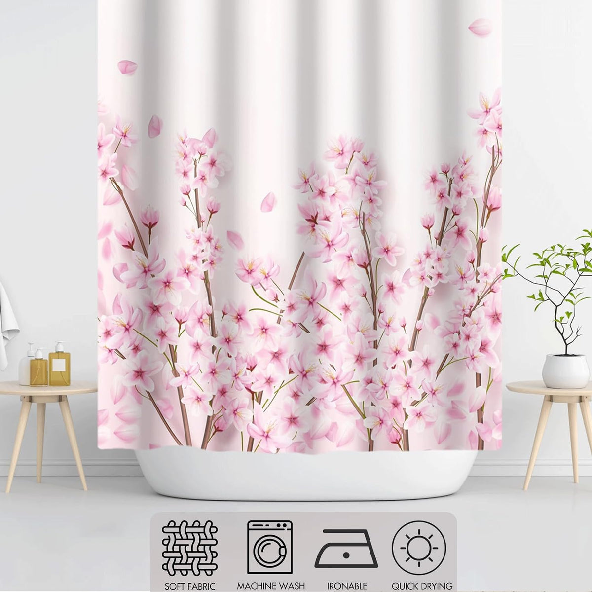 Spring Flowers Shower Curtains Pink Cherry Blossom Shower Curtain Set Japanese Sakura Floral Decorative Bath Curtain for Bathroom Decor Waterproof Polyester with Hooks, 72x72in
