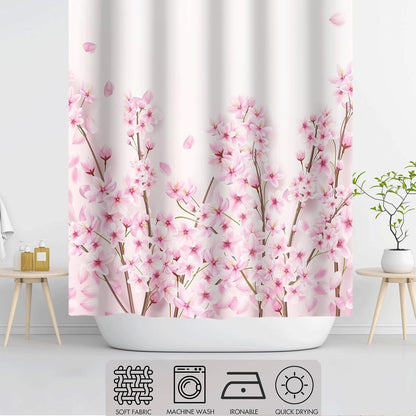 Spring Flowers Shower Curtains Pink Cherry Blossom Shower Curtain Set Japanese Sakura Floral Decorative Bath Curtain for Bathroom Decor Waterproof Polyester with Hooks, 72x72in