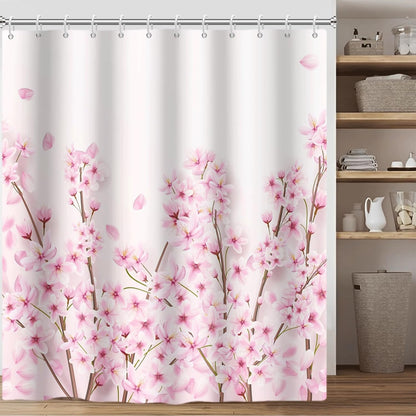 Spring Flowers Shower Curtains Pink Cherry Blossom Shower Curtain Set Japanese Sakura Floral Decorative Bath Curtain for Bathroom Decor Waterproof Polyester with Hooks, 72x72in