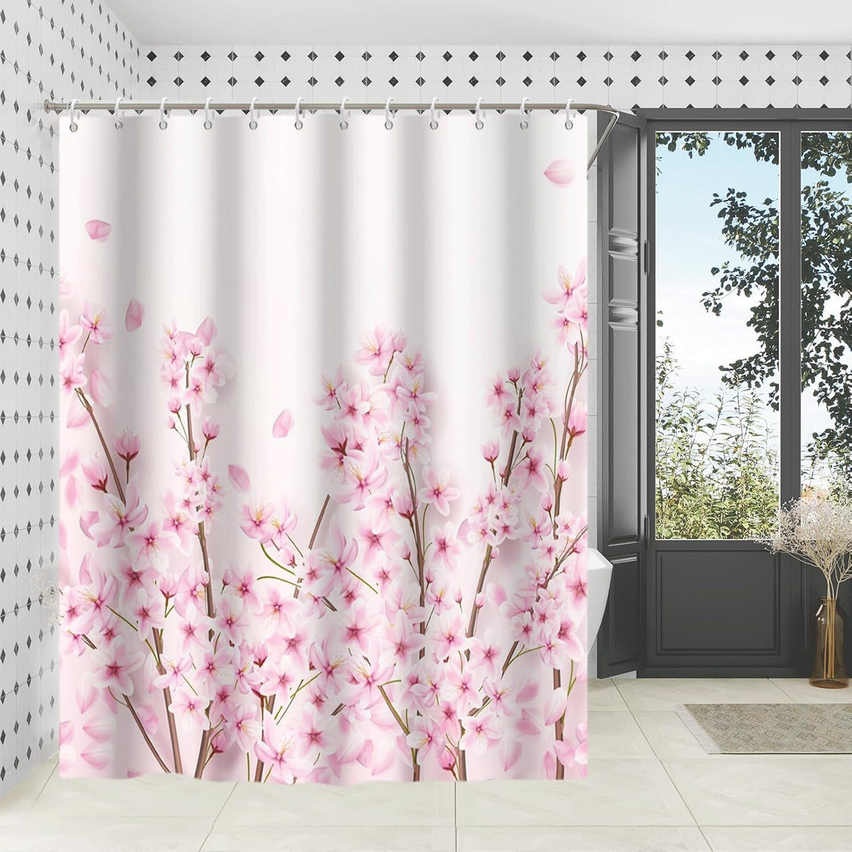 Spring Flowers Shower Curtains Pink Cherry Blossom Shower Curtain Set Japanese Sakura Floral Decorative Bath Curtain for Bathroom Decor Waterproof Polyester with Hooks, 72x72in