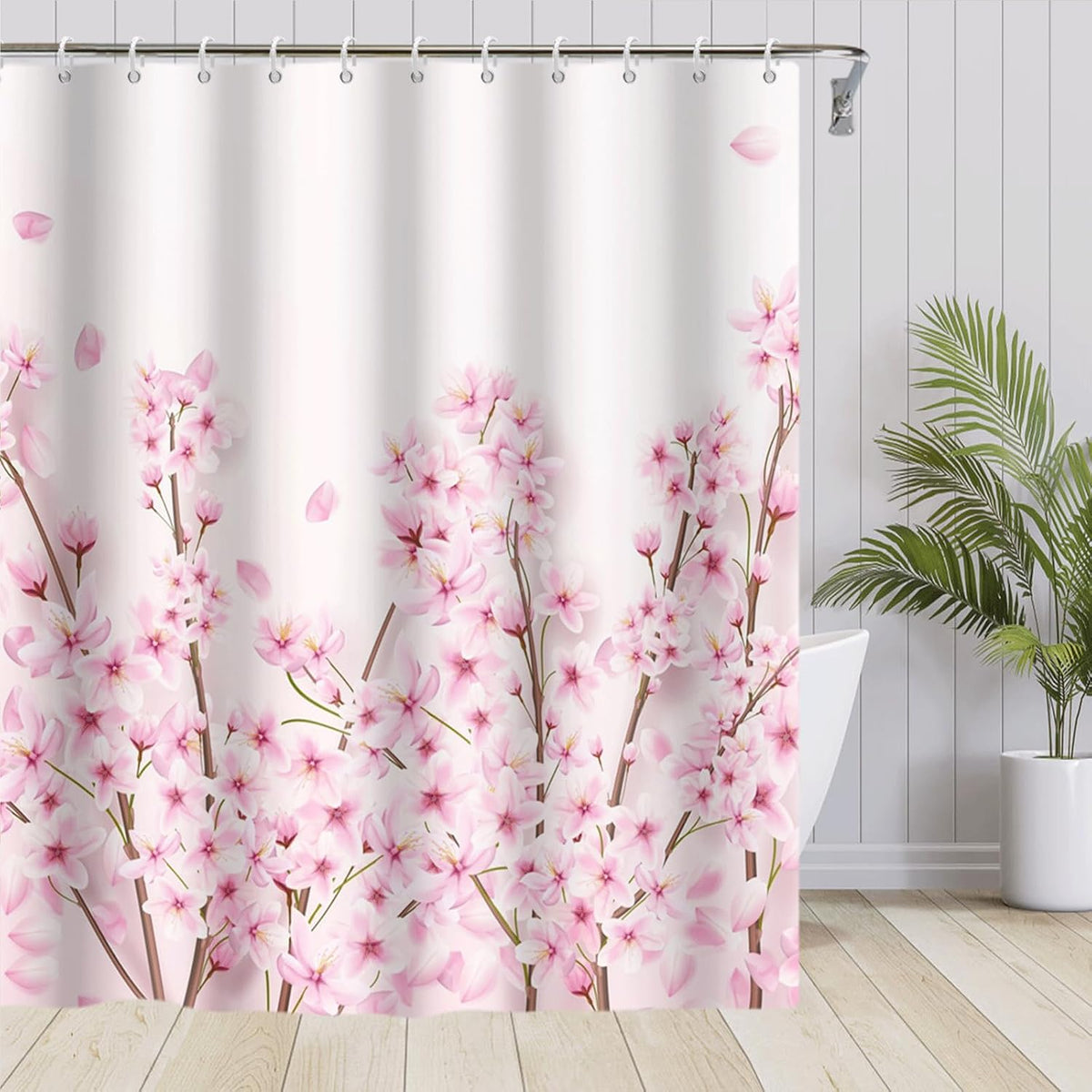 Spring Flowers Shower Curtains Pink Cherry Blossom Shower Curtain Set Japanese Sakura Floral Decorative Bath Curtain for Bathroom Decor Waterproof Polyester with Hooks, 72x72in