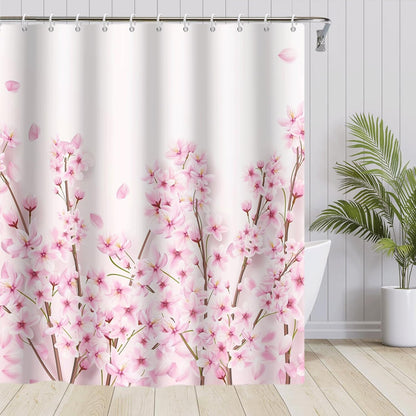 Spring Flowers Shower Curtains Pink Cherry Blossom Shower Curtain Set Japanese Sakura Floral Decorative Bath Curtain for Bathroom Decor Waterproof Polyester with Hooks, 72x72in
