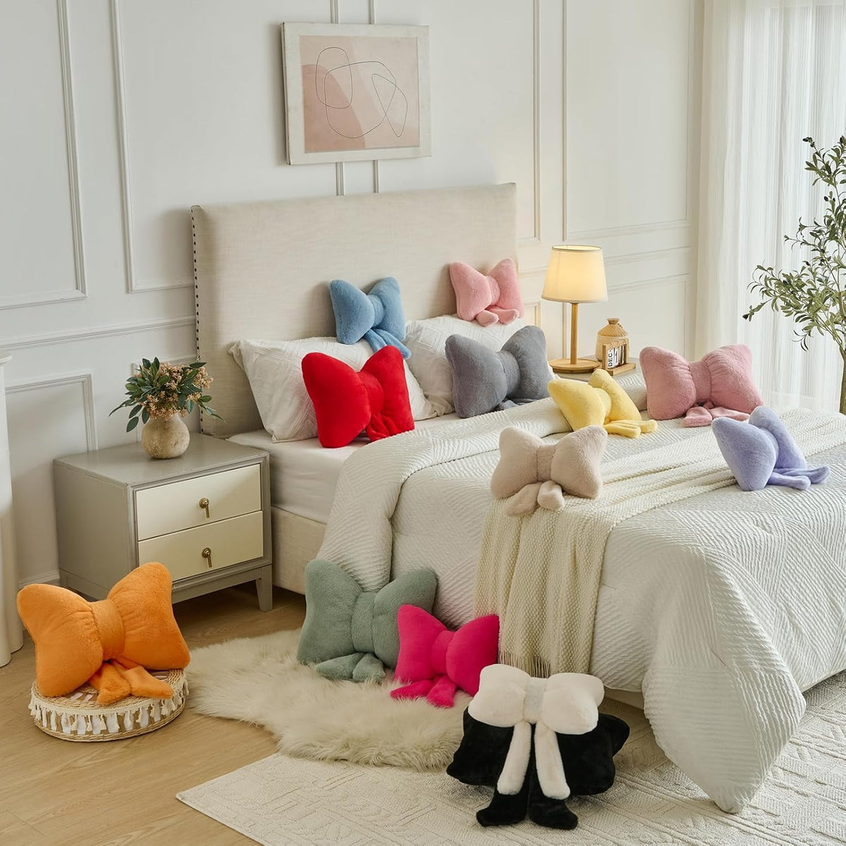 Decorative Bow Throw Pillows, Pink, 12 Inches