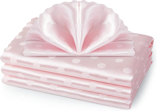 Blush Pink Satin Napkins Set Of 4，Blush Pink Polka Dots Satin Napkins Square 17 x 17 Inches for Wedding Dinner Birthday Easte Party Supplies