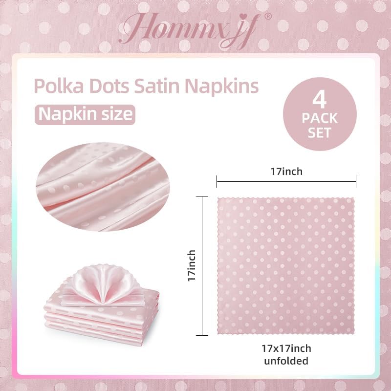 Blush Pink Satin Napkins Set Of 4，Blush Pink Polka Dots Satin Napkins Square 17 x 17 Inches for Wedding Dinner Birthday Easte Party Supplies