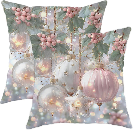 Holly Throw Pillow Covers, Christmas Festive Ornament Star Xmas Peach Soft Velvet Washable Couch Pillow Covers for Home Living Room Bedroom Dorm Couch Decor 18x18 Inch