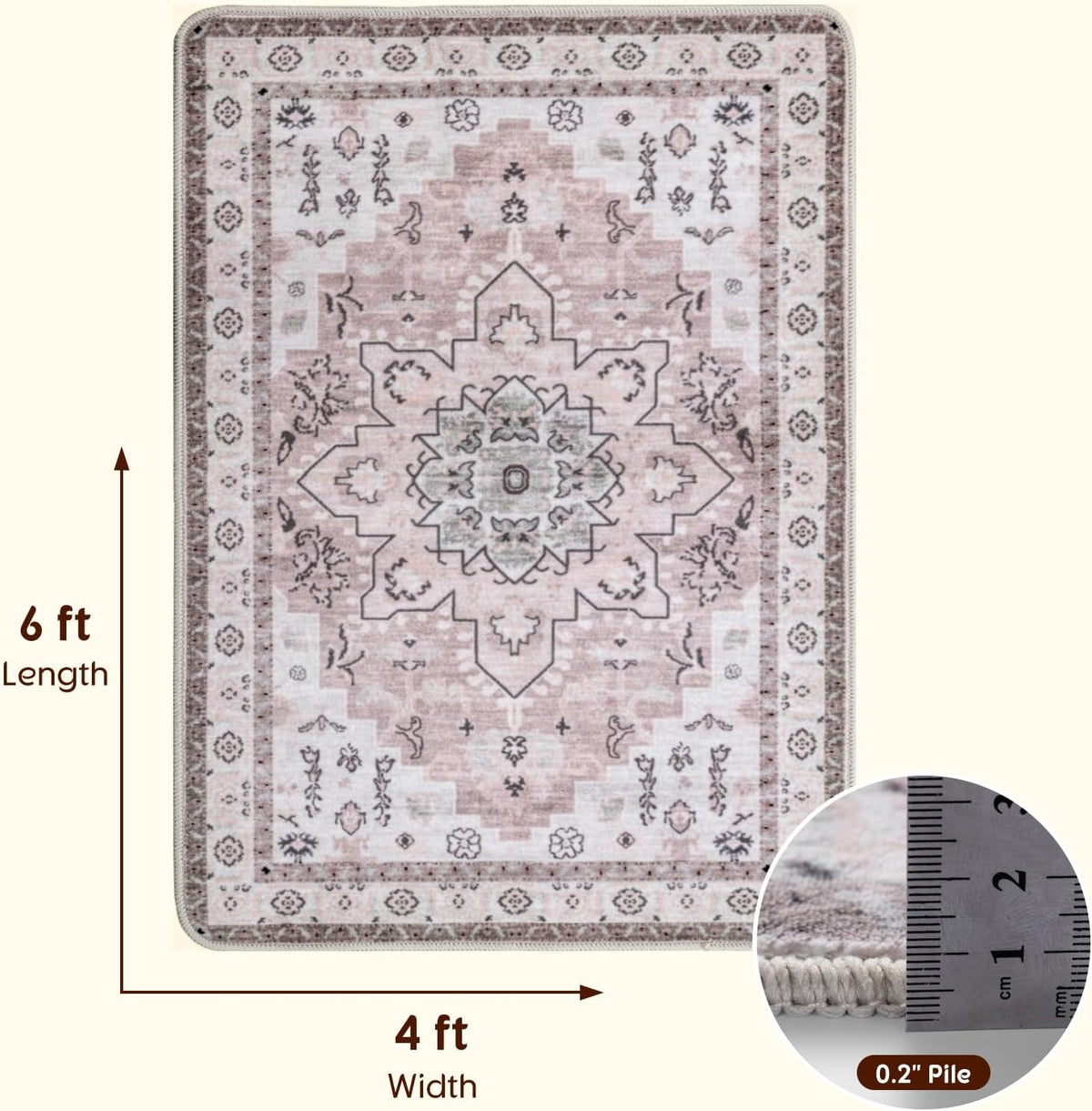 LBRO2M Machine Washable Rug Soft Pet Friendly Carpet 4X6 Light Pink