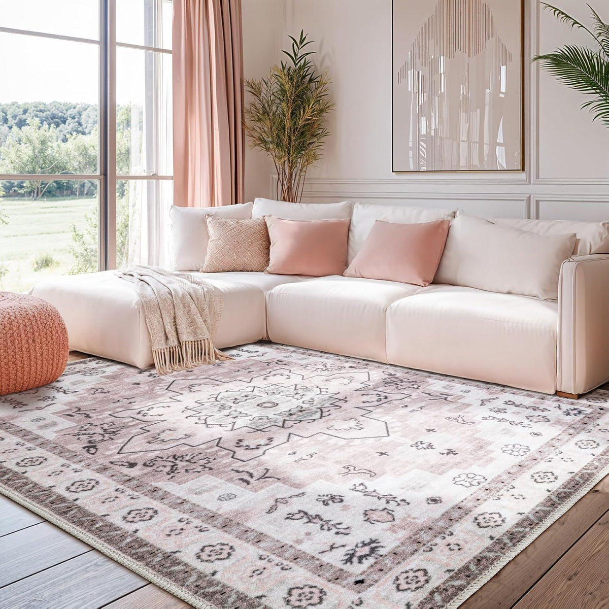 LBRO2M Machine Washable Rug Soft Pet Friendly Carpet 4X6 Light Pink