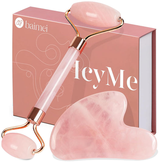 IcyMe Rose Quartz Roller & Gua Sha Set, Cooling Face Roller for Depuffing & Lymphatic Massage, Sculpting Tool for Face, Eyes & Neck, Smooth Skincare Gift for Women and Men