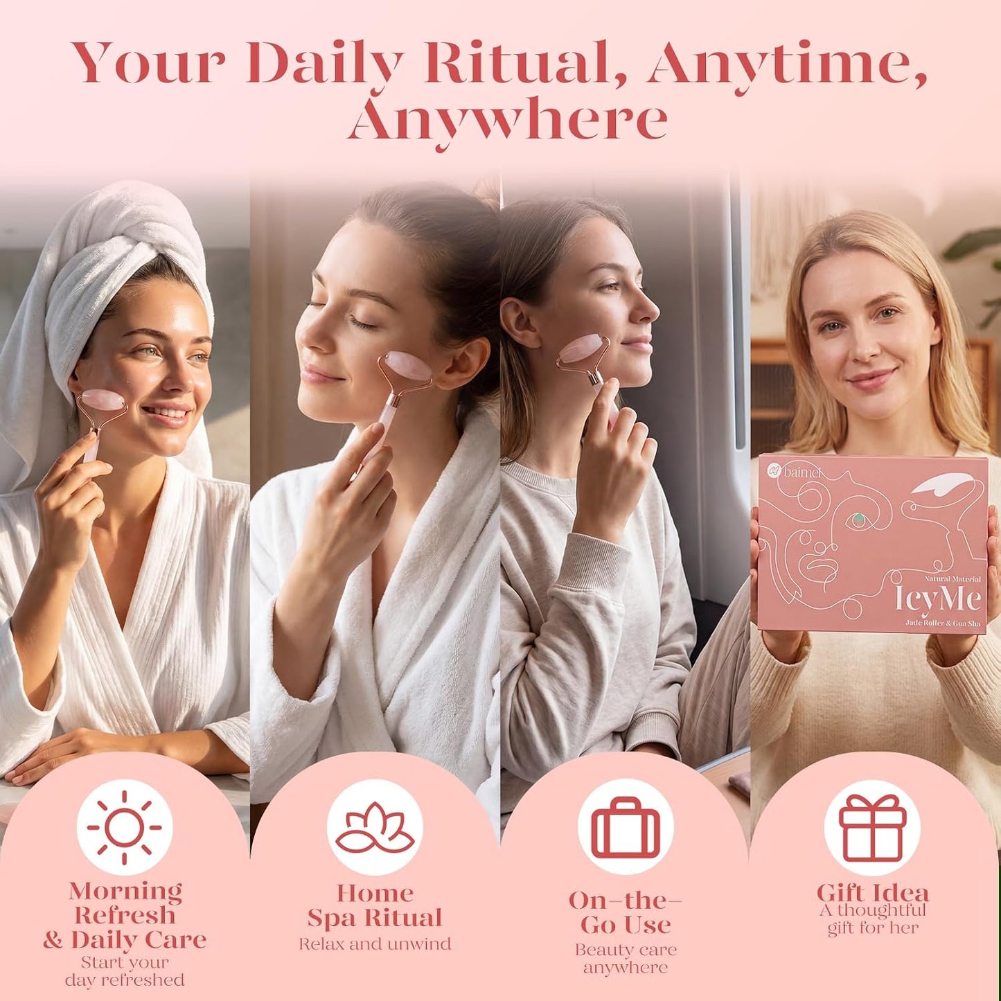 IcyMe Rose Quartz Roller & Gua Sha Set, Cooling Face Roller for Depuffing & Lymphatic Massage, Sculpting Tool for Face, Eyes & Neck, Smooth Skincare Gift for Women and Men