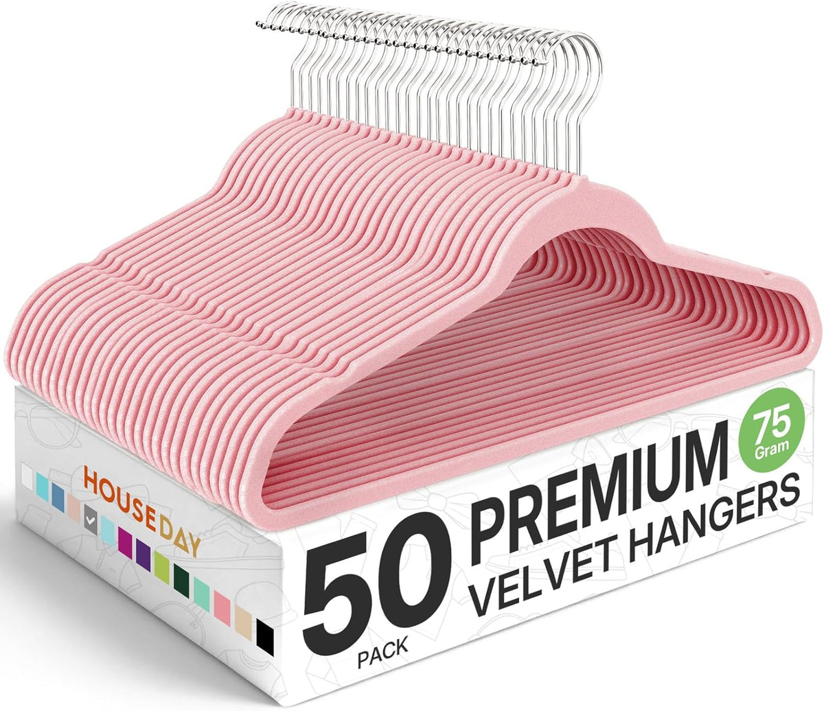 Premium Velvet Hangers 50 Pack Pink, Non-Slip Flocked Felt Hangers, Sturdy Clothes Hanger Heavy Duty Coat Hanger, Durable Slim for Closet Space Saving
