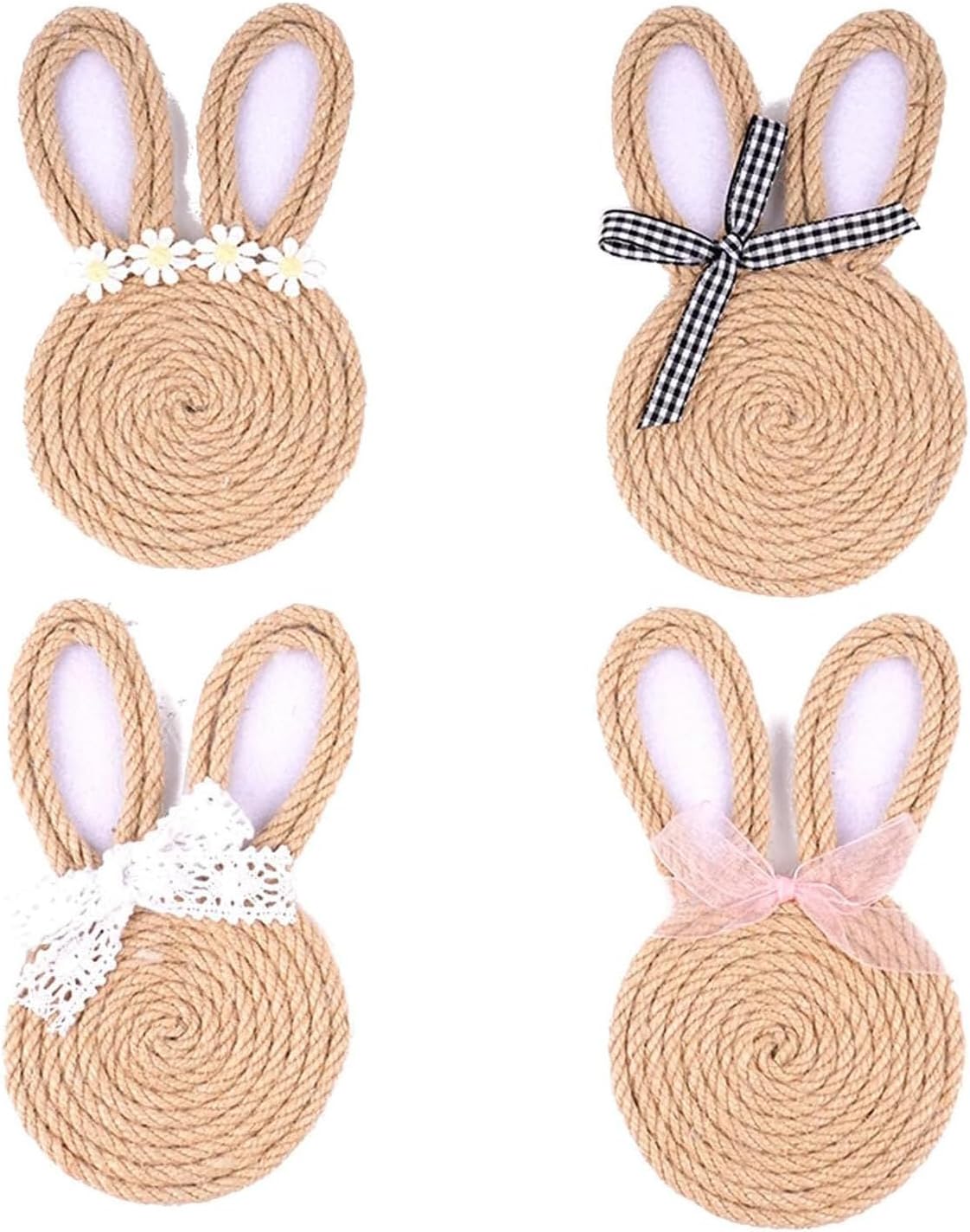 4pc Easter Bunny Coasters for Drinks,Rabbit Shaped Hemp Rope Coasters with Absorbent Cork Base Cute Styles White Lace Daisy Pink Tulle Checkered Bows Rustic Easter Table Decor for Kitchen and Parties