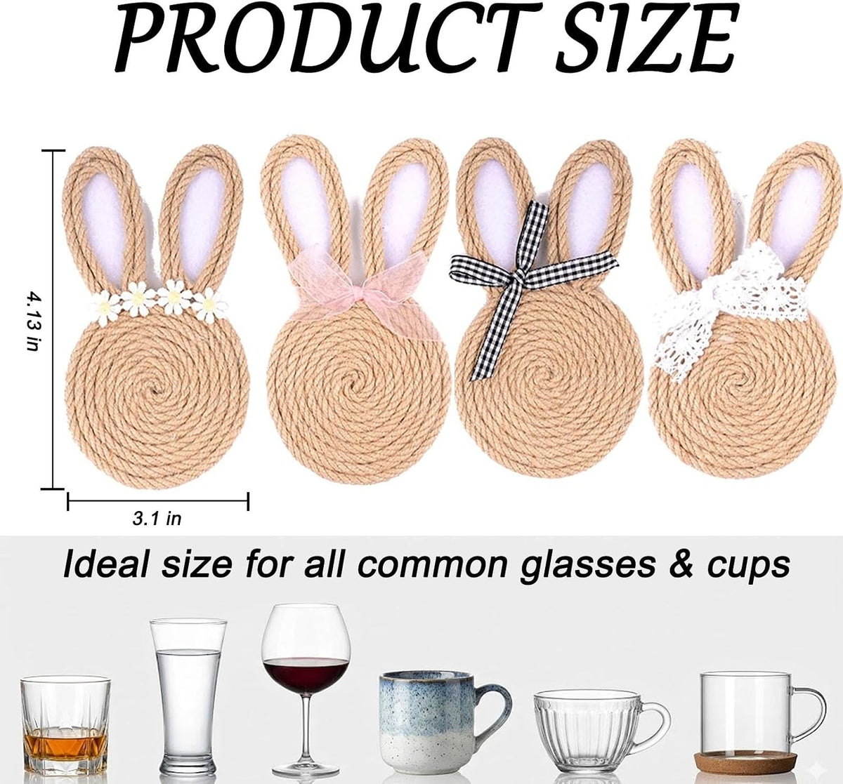 4pc Easter Bunny Coasters for Drinks,Rabbit Shaped Hemp Rope Coasters with Absorbent Cork Base Cute Styles White Lace Daisy Pink Tulle Checkered Bows Rustic Easter Table Decor for Kitchen and Parties