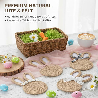 4pc Easter Bunny Coasters for Drinks,Rabbit Shaped Hemp Rope Coasters with Absorbent Cork Base Cute Styles White Lace Daisy Pink Tulle Checkered Bows Rustic Easter Table Decor for Kitchen and Parties