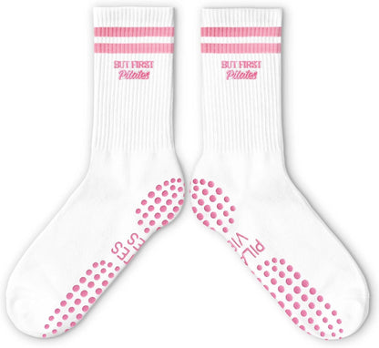 Cute Pilates Socks, Pink Crew Grippy Socks for Studio Reformer Workout Style