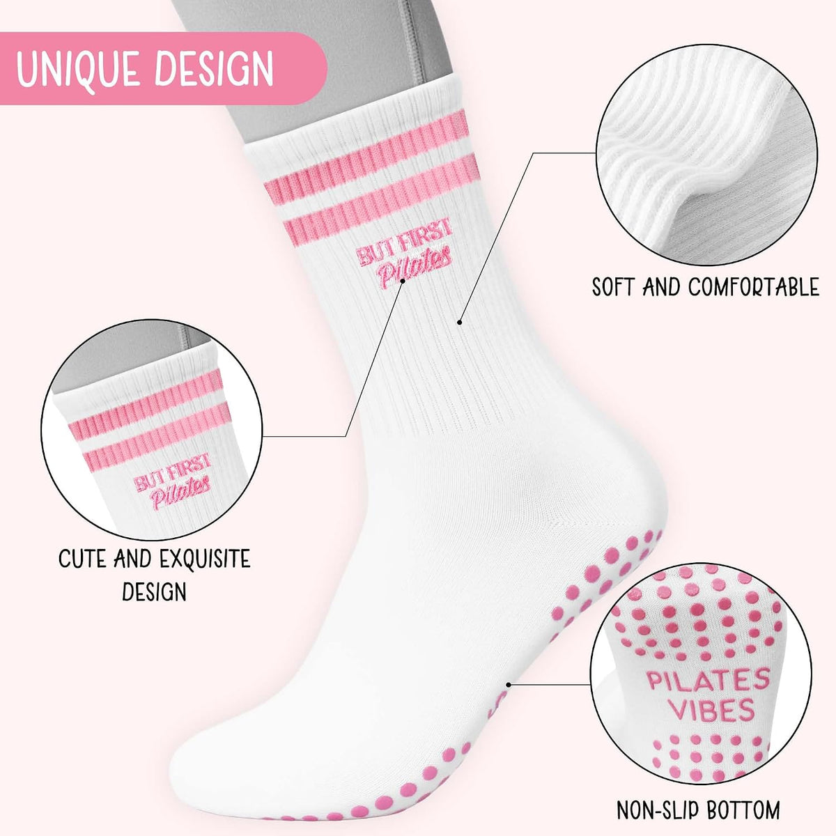 Cute Pilates Socks, Pink Crew Grippy Socks for Studio Reformer Workout Style
