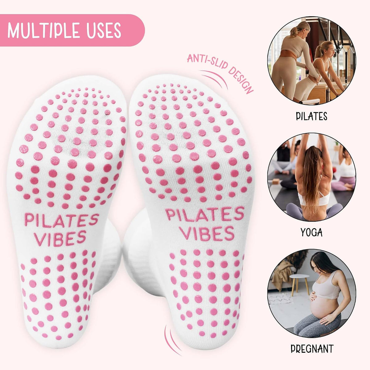 Cute Pilates Socks, Pink Crew Grippy Socks for Studio Reformer Workout Style