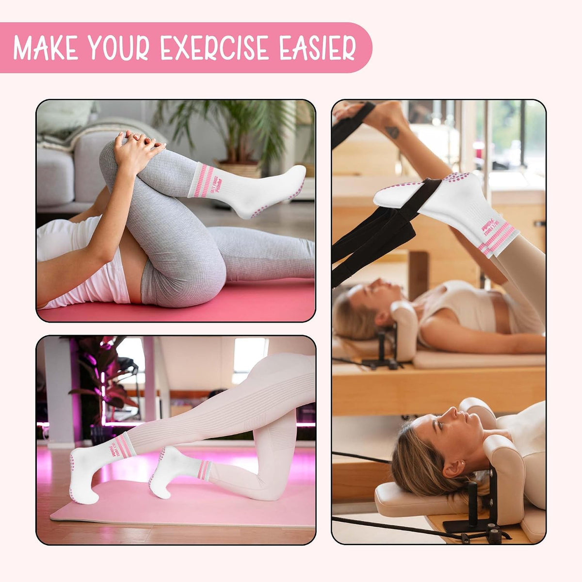 Cute Pilates Socks, Pink Crew Grippy Socks for Studio Reformer Workout Style