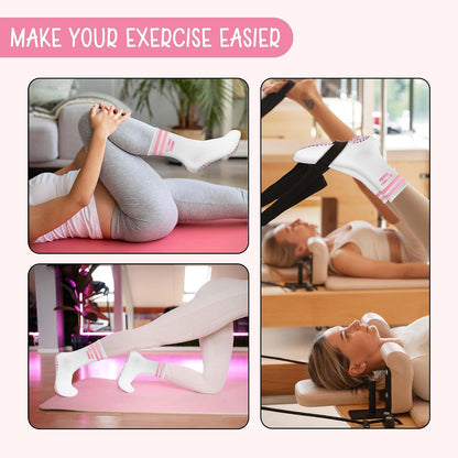 Cute Pilates Socks, Pink Crew Grippy Socks for Studio Reformer Workout Style
