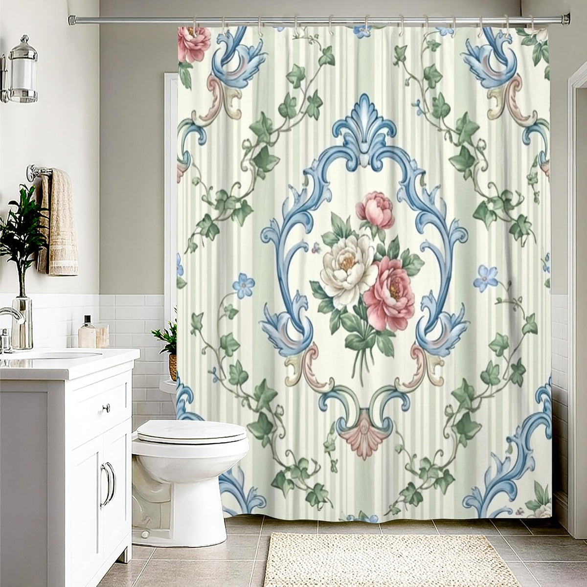 Rose Shower Curtain, Classic Elegant Ivy Vine Spring Pastel Peach Waterproof Fabric Toile Cloth Shower Curtains for Bathroom Bathtub Apartment Decor 54x78 Inch