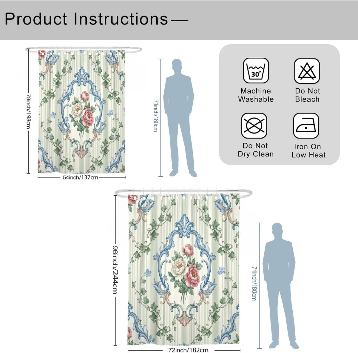 Rose Shower Curtain, Classic Elegant Ivy Vine Spring Pastel Peach Waterproof Fabric Toile Cloth Shower Curtains for Bathroom Bathtub Apartment Decor 54x78 Inch