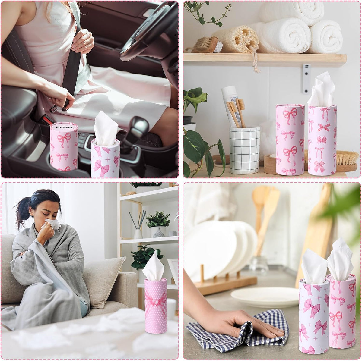 12 Pack Pink Bow Car Tissue Holders, 3-ply Facial Tissues