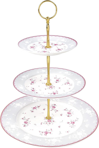 3 Tier Pink Rose Porcelain Round Cupcake Stand