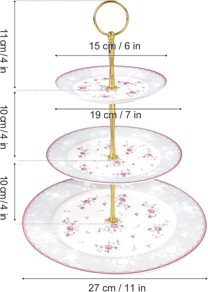 3 Tier Pink Rose Porcelain Round Cupcake Stand