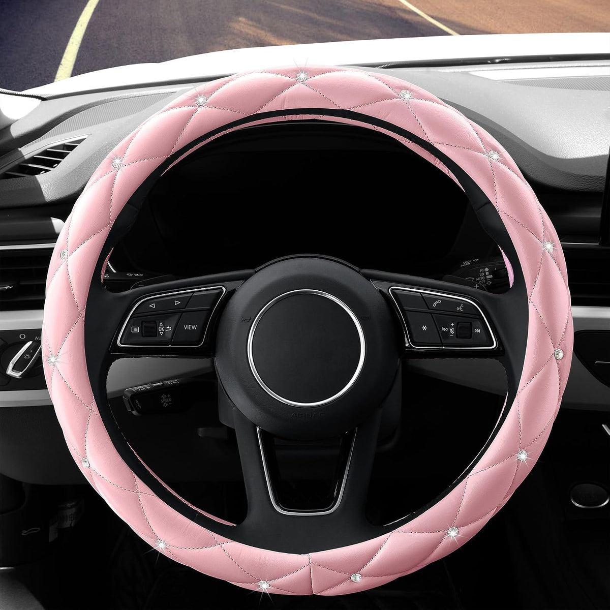 Cute Diamond Soft Light Pink Leather Anti-Slip Steering Wheel Cover with Bling Bling Crystal Rhinestones, Universal 15 Inch for Women Girls, Fit Vehicles, Sedans, SUVs, Vans, Trucks