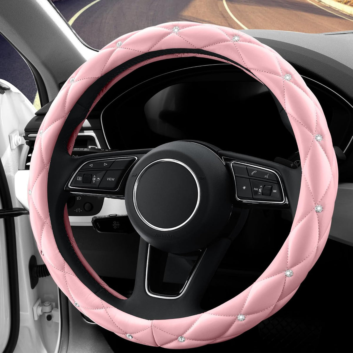 Cute Diamond Soft Light Pink Leather Anti-Slip Steering Wheel Cover with Bling Bling Crystal Rhinestones, Universal 15 Inch for Women Girls, Fit Vehicles, Sedans, SUVs, Vans, Trucks