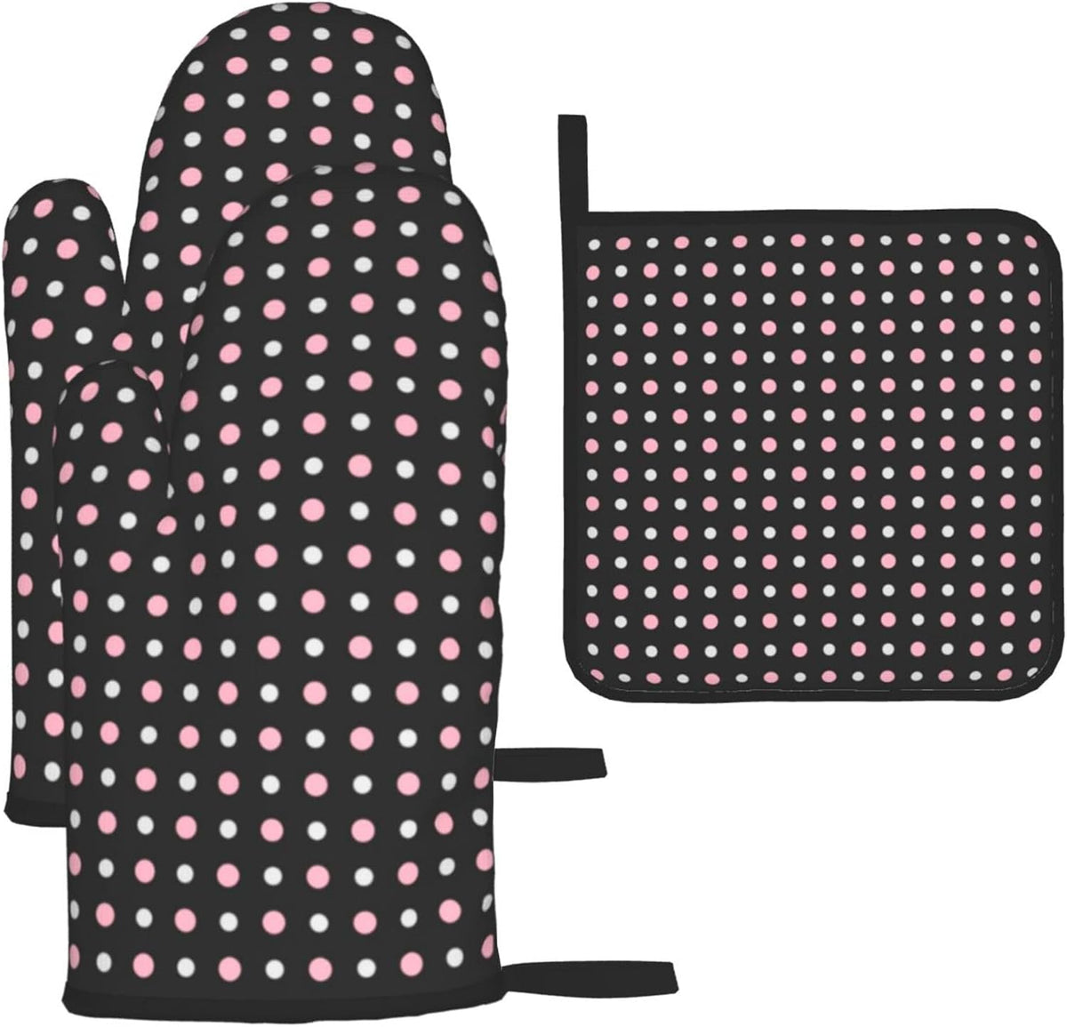 3PCS Oven Mitts and Pot Holders Sets, Black, Pink, Gray and White Dots Oven Mitts Set Heat Resistant Kitchen Microwave Gloves Safe for Baking,Cooking, BBQ