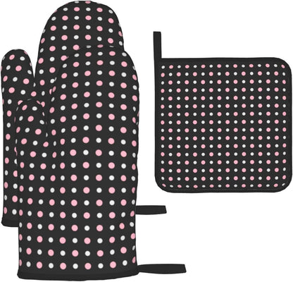 3PCS Oven Mitts and Pot Holders Sets, Black, Pink, Gray and White Dots Oven Mitts Set Heat Resistant Kitchen Microwave Gloves Safe for Baking,Cooking, BBQ