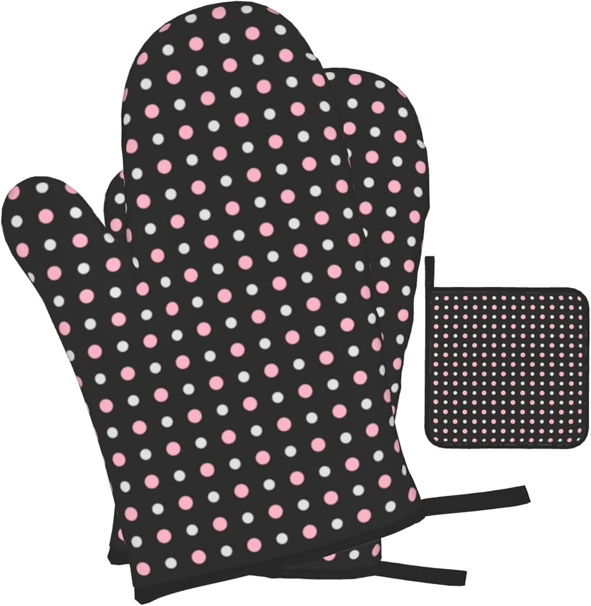 3PCS Oven Mitts and Pot Holders Sets, Black, Pink, Gray and White Dots Oven Mitts Set Heat Resistant Kitchen Microwave Gloves Safe for Baking,Cooking, BBQ
