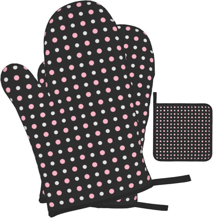 3PCS Oven Mitts and Pot Holders Sets, Black, Pink, Gray and White Dots Oven Mitts Set Heat Resistant Kitchen Microwave Gloves Safe for Baking,Cooking, BBQ
