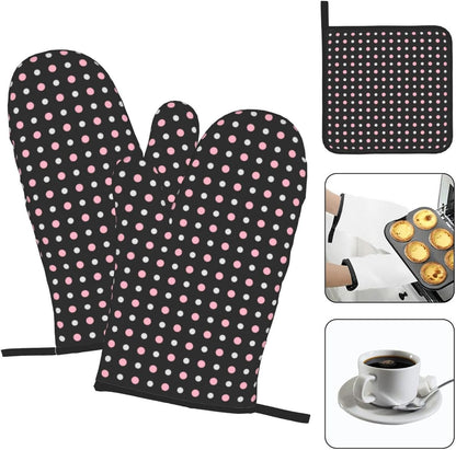 3PCS Oven Mitts and Pot Holders Sets, Black, Pink, Gray and White Dots Oven Mitts Set Heat Resistant Kitchen Microwave Gloves Safe for Baking,Cooking, BBQ