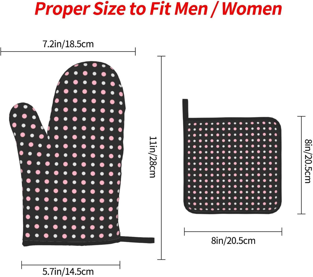 3PCS Oven Mitts and Pot Holders Sets, Black, Pink, Gray and White Dots Oven Mitts Set Heat Resistant Kitchen Microwave Gloves Safe for Baking,Cooking, BBQ
