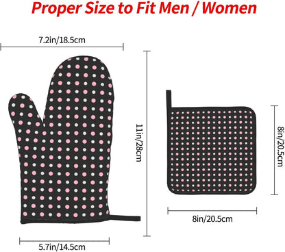 3PCS Oven Mitts and Pot Holders Sets, Black, Pink, Gray and White Dots Oven Mitts Set Heat Resistant Kitchen Microwave Gloves Safe for Baking,Cooking, BBQ