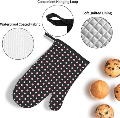 3PCS Oven Mitts and Pot Holders Sets, Black, Pink, Gray and White Dots Oven Mitts Set Heat Resistant Kitchen Microwave Gloves Safe for Baking,Cooking, BBQ