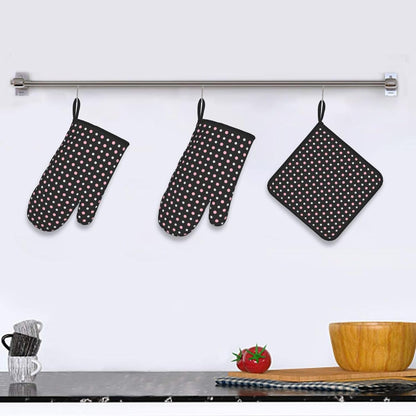 3PCS Oven Mitts and Pot Holders Sets, Black, Pink, Gray and White Dots Oven Mitts Set Heat Resistant Kitchen Microwave Gloves Safe for Baking,Cooking, BBQ